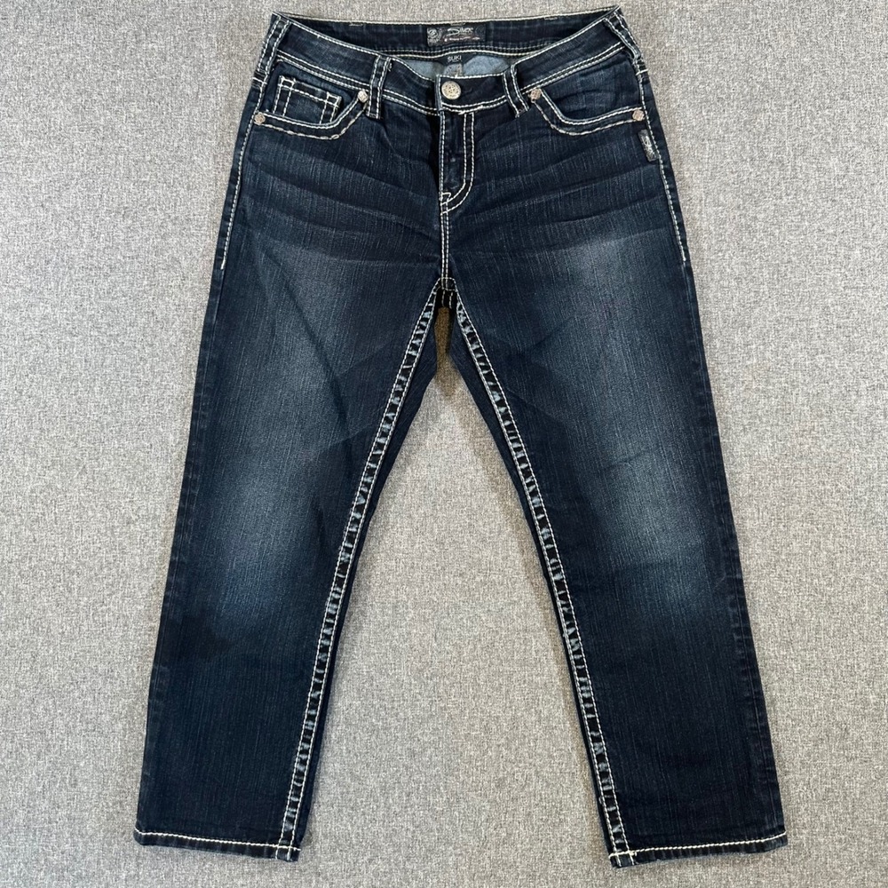 Silver Jeans Co Suki High Capri Dark Wash Thick Stitch Denim W31 L24 Curvy Fit